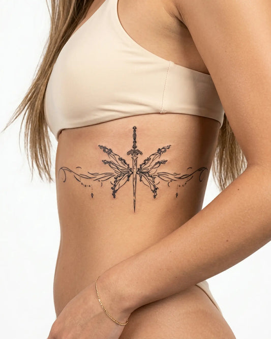 INKY Mystic Blade semi-permanent tattoo applied on a woman – 4 x 8 in (11x20 cm) design, realistic ink look, lasts 10 days