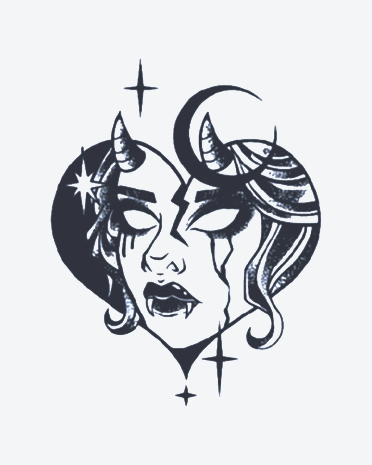 Demon Heart semi-permanent tattoo design by INKY – Star, Heart, Eye, Woman, Face illustration, 2 x 2 in (4x4 cm), available at inkytatt.com