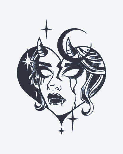 Demon Heart semi-permanent tattoo design by INKY – Star, Heart, Eye, Woman, Face illustration, 2 x 2 in (4x4 cm), available at inkytatt.com