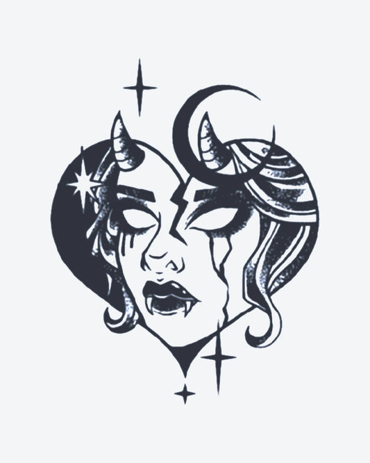 Demon Heart semi-permanent tattoo design by INKY – Star, Heart, Eye, Woman, Face illustration, 2 x 2 in (4x4 cm), available at inkytatt.com