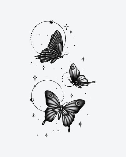 Starry Flight semi-permanent tattoo design by INKY – Fine Line, Butterflies, Star, Circle, Dots illustration, 4 x 7 in (10x17 cm), available at inkytatt.com