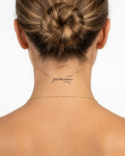 INKY Gemini Script semi-permanent tattoo applied on a woman – 2 x 2 in (4x4 cm) design, realistic ink look, lasts 10 days
