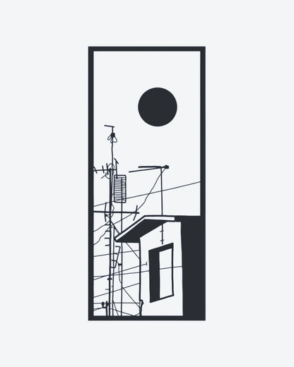 Urban View semi-permanent tattoo design by INKY – Sun, Moon, Circle, Geometric, Silhouette illustration, 2 x 4 in (6x10 cm), available at inkytatt.com
