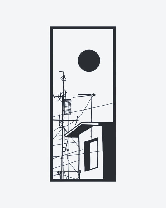 Urban View semi-permanent tattoo design by INKY – Sun, Moon, Circle, Geometric, Silhouette illustration, 2 x 4 in (6x10 cm), available at inkytatt.com