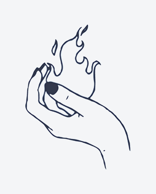 Fire Hand semi-permanent tattoo design by INKY – Line Art, Flame, Hand illustration, 0.5 x 0.5 in (1x1 cm), available at inkytatt.com