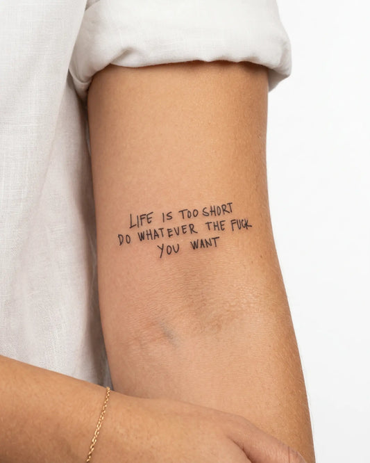 INKY Life's Short semi-permanent tattoo applied on a woman – 3 x 3 in (7x7 cm) design, realistic ink look, lasts 10 days