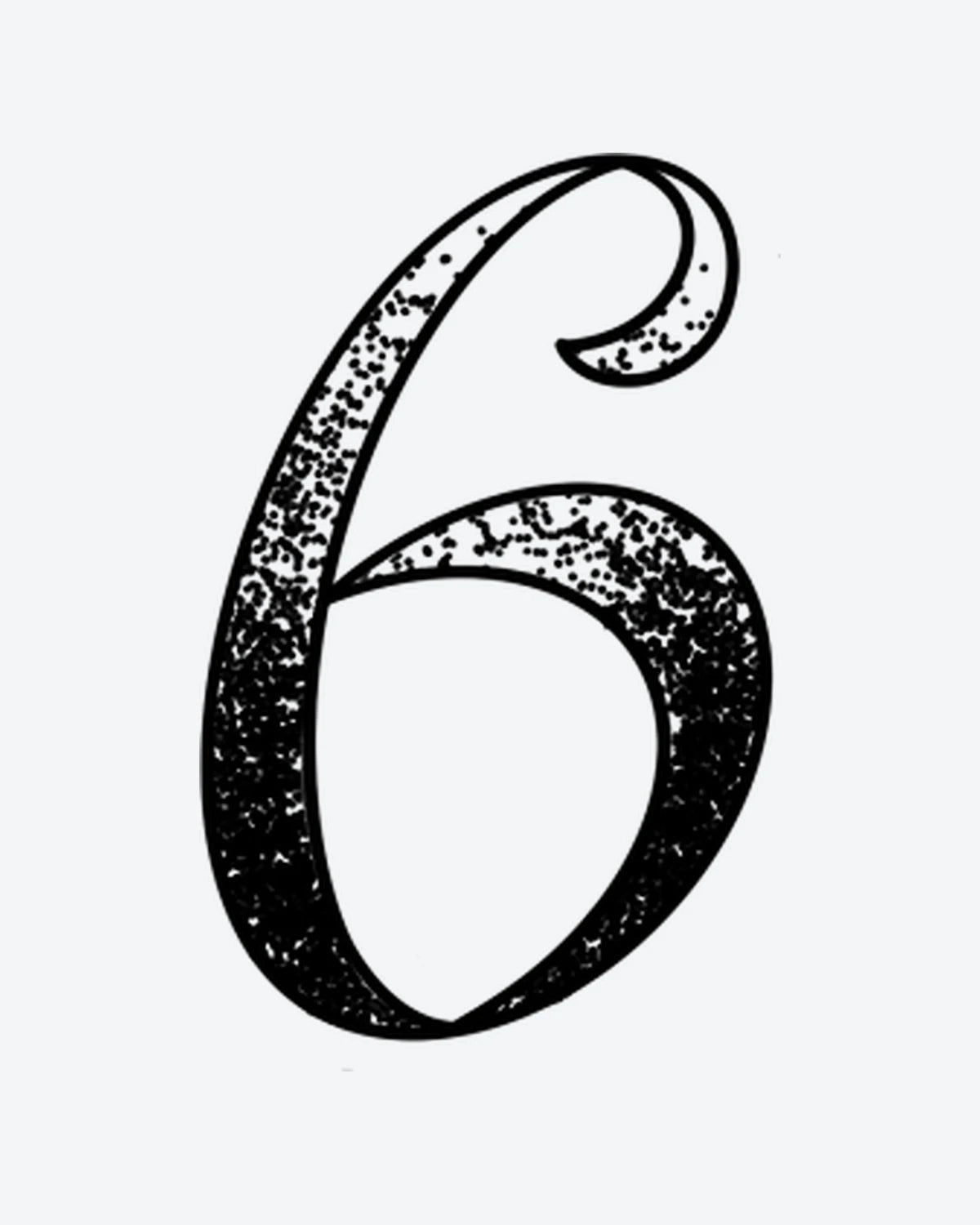 Lucky Six semi-permanent tattoo design by INKY – Dotwork illustration, 0.5 x 0.5 in (1x1 cm), available at inkytatt.com