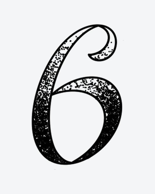 Lucky Six semi-permanent tattoo design by INKY – Dotwork illustration, 0.5 x 0.5 in (1x1 cm), available at inkytatt.com