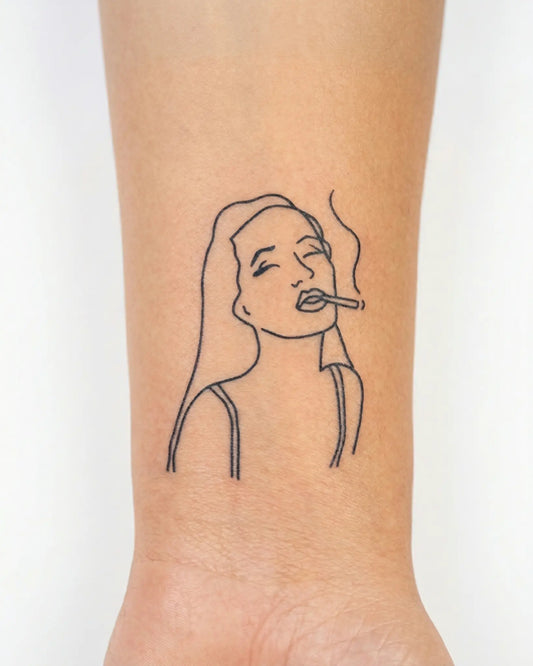 INKY Smoke Break semi-permanent tattoo applied on a woman – 2 x 2 in (4x4 cm) design, realistic ink look, lasts 10 days