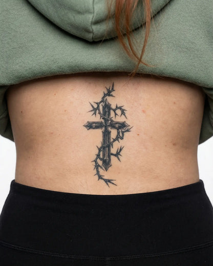 INKY Gothic Cross semi-permanent tattoo applied on a woman – 2 x 4 in (6x10 cm) design, realistic ink look, lasts 10 days