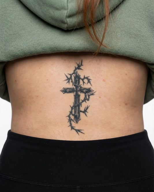 INKY Gothic Cross semi-permanent tattoo applied on a woman – 2 x 4 in (6x10 cm) design, realistic ink look, lasts 10 days