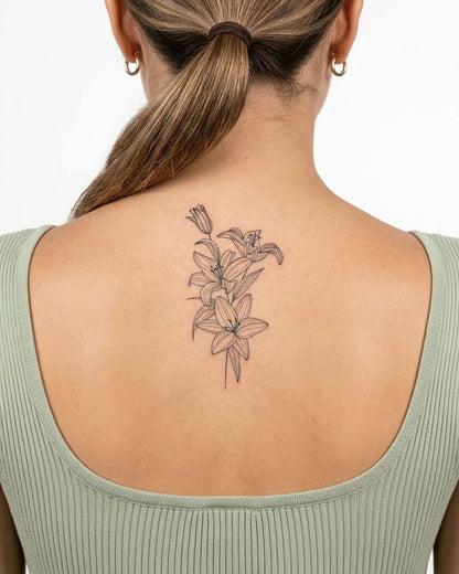 INKY Lily Bloom semi-permanent tattoo applied on a woman – 2 x 4 in (6x10 cm) design, realistic ink look, lasts 10 days