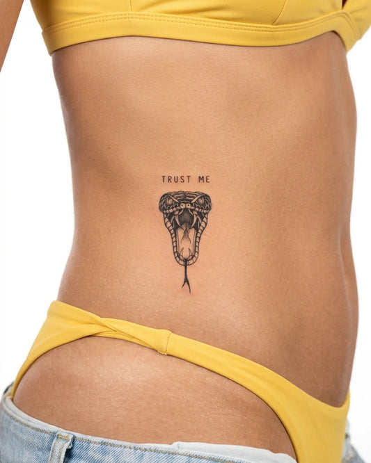 INKY Trust Snake semi-permanent tattoo applied on a woman – 3 x 3 in (7x7 cm) design, realistic ink look, lasts 10 days
