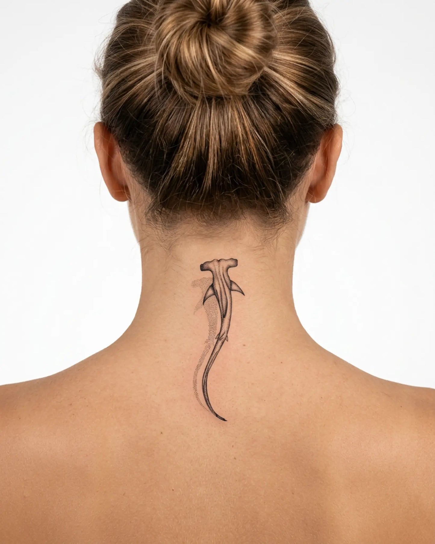 INKY Hammerhead 3 semi-permanent tattoo applied on a woman – 2 x 4 in (6x10 cm) design, realistic ink look, lasts 10 days