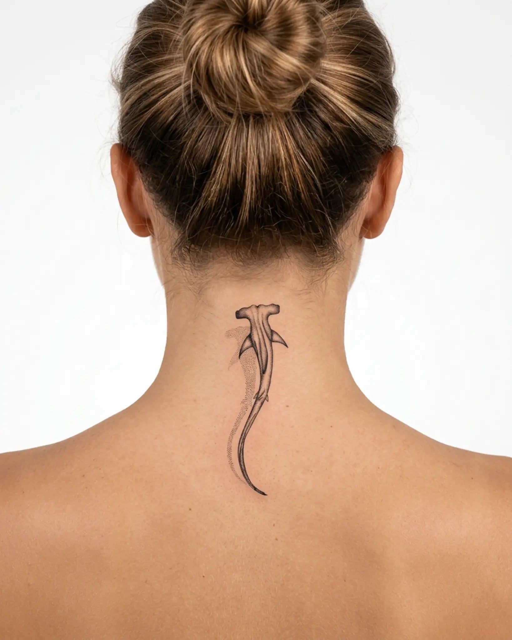 INKY Hammerhead 3 semi-permanent tattoo applied on a woman – 2 x 4 in (6x10 cm) design, realistic ink look, lasts 10 days