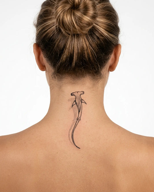 INKY Hammerhead 3 semi-permanent tattoo applied on a woman – 2 x 4 in (6x10 cm) design, realistic ink look, lasts 10 days