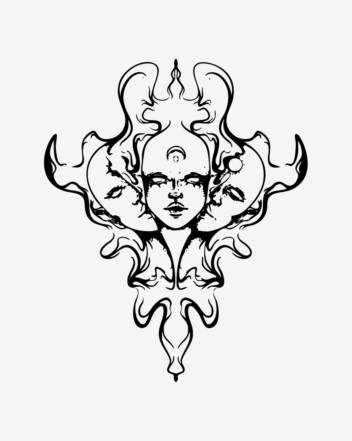Mystic Faces semi-permanent tattoo design by INKY – Crescent Moon, Eye, Lines, Face, Horn illustration, 3 x 4 in (7x10 cm), available at inkytatt.com