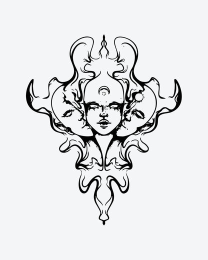 Mystic Faces semi-permanent tattoo design by INKY – Crescent Moon, Eye, Lines, Face, Horn illustration, 3 x 4 in (7x10 cm), available at inkytatt.com