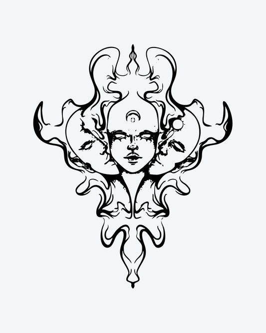 Mystic Faces semi-permanent tattoo design by INKY – Crescent Moon, Eye, Lines, Face, Horn illustration, 3 x 4 in (7x10 cm), available at inkytatt.com