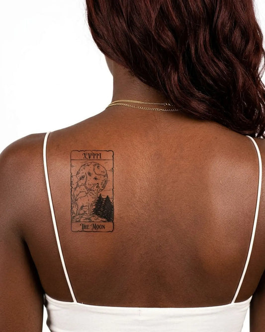 INKY The Moon semi-permanent tattoo applied on a woman – 2 x 4 in (6x10 cm) design, realistic ink look, lasts 10 days