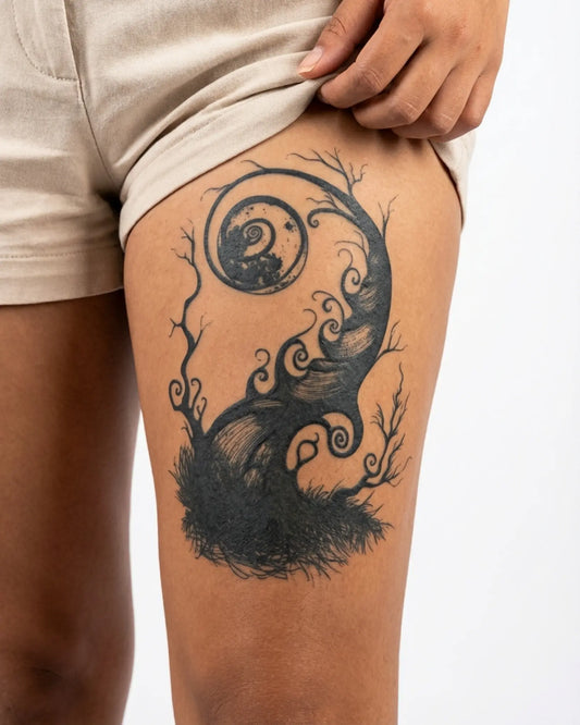 INKY Nightwood semi-permanent tattoo applied on a woman – 4 x 7 in (10x17 cm) design, realistic ink look, lasts 10 days