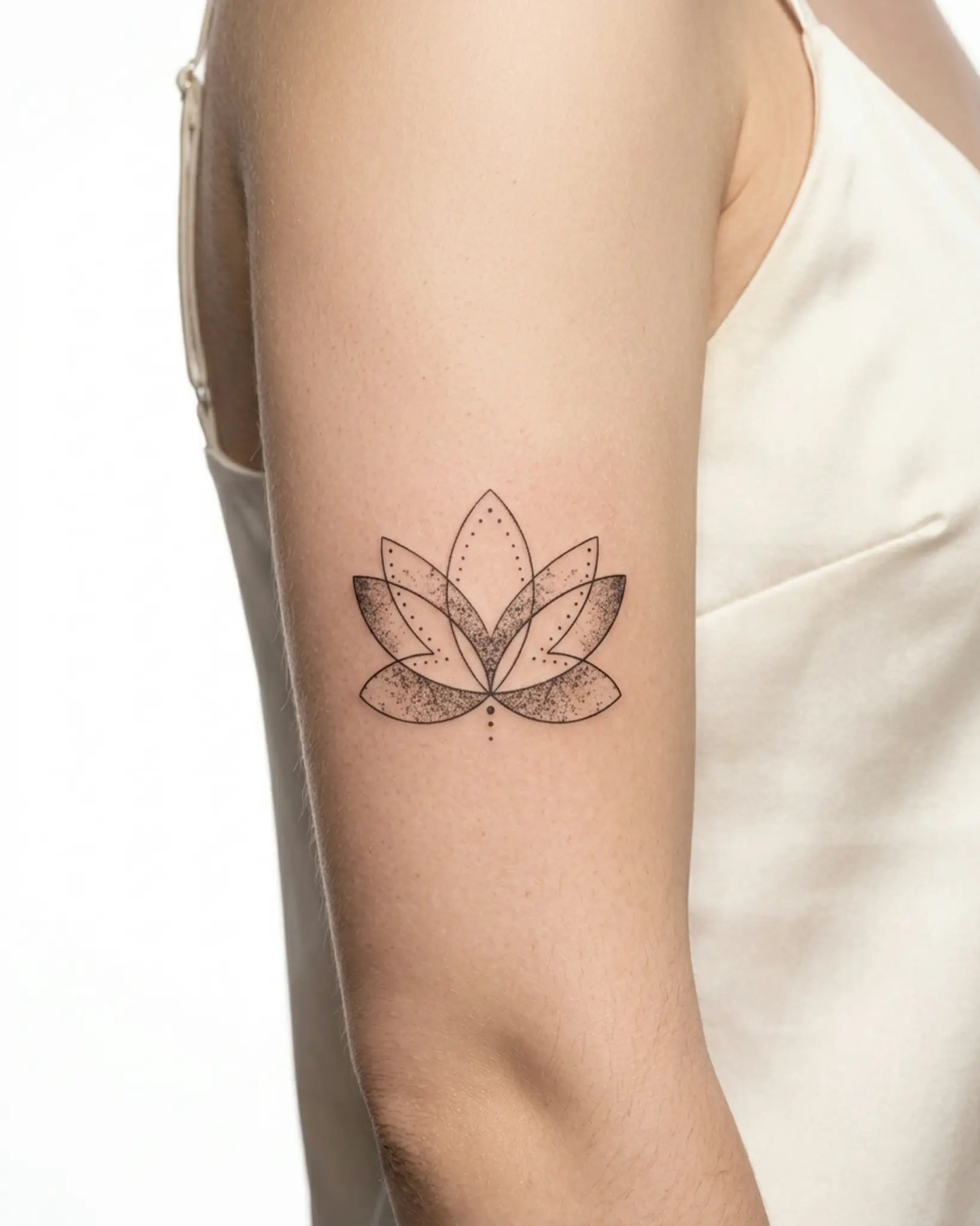 INKY Lotus Flow semi-permanent tattoo applied on a woman – 3 x 3 in (7x7 cm) design, realistic ink look, lasts 10 days