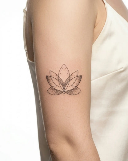 INKY Lotus Flow semi-permanent tattoo applied on a woman – 3 x 3 in (7x7 cm) design, realistic ink look, lasts 10 days