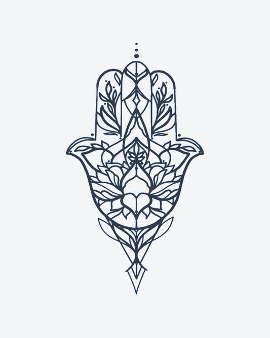 Lotus Hamsa semi-permanent tattoo design by INKY – Lotus Flower, Fine Line, Leaves, Heart, Hamsa illustration, 3 x 4 in (7x10 cm), available at inkytatt.com