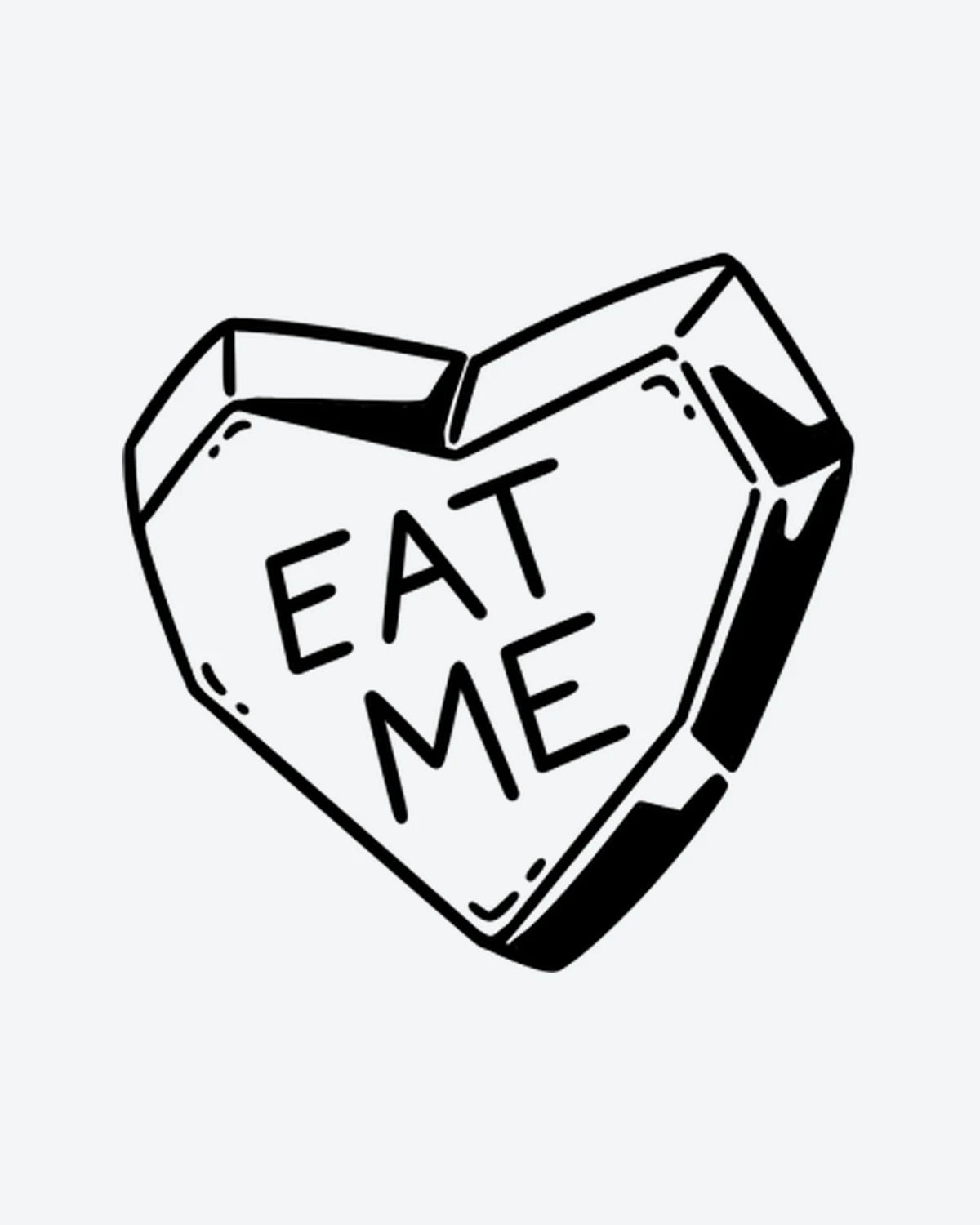 Eat Me Heart semi-permanent tattoo design by INKY – Line Art, Heart, Hand illustration, 2 x 2 in (4x4 cm), available at inkytatt.com