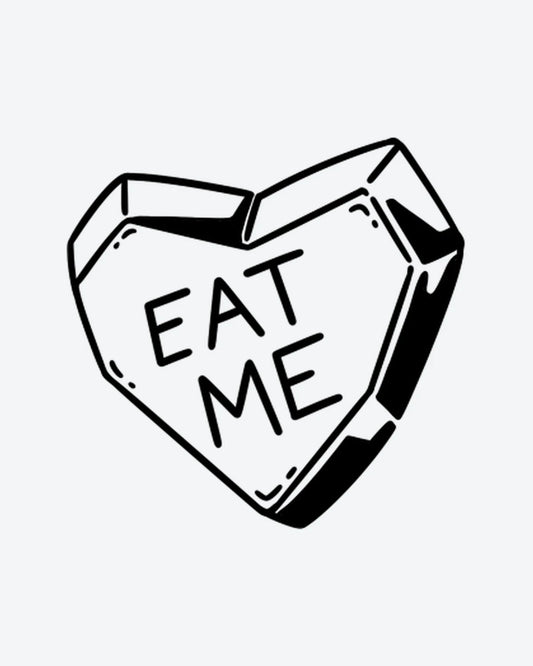 Eat Me Heart semi-permanent tattoo design by INKY – Line Art, Heart, Hand illustration, 2 x 2 in (4x4 cm), available at inkytatt.com