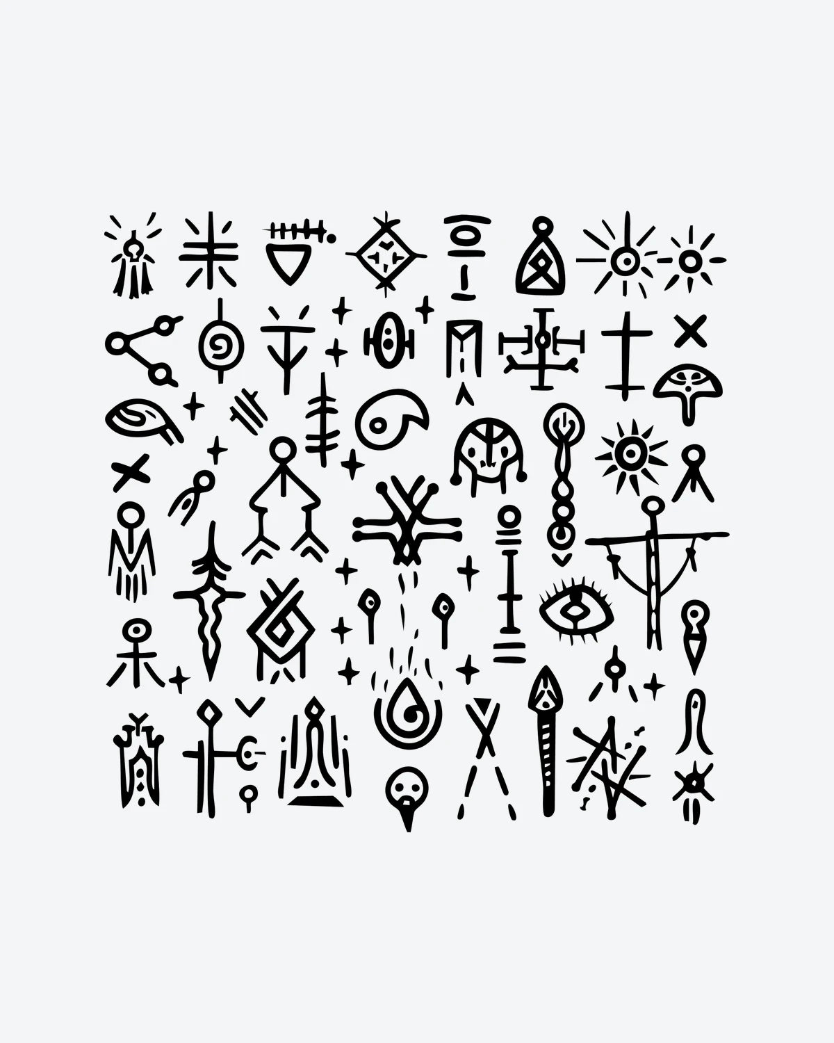 Mystic Glyphs 2 semi-permanent tattoo design by INKY – Sun, Star, Crosses, Eye, Geometric illustration, 3 x 3 in (7x7 cm), available at inkytatt.com