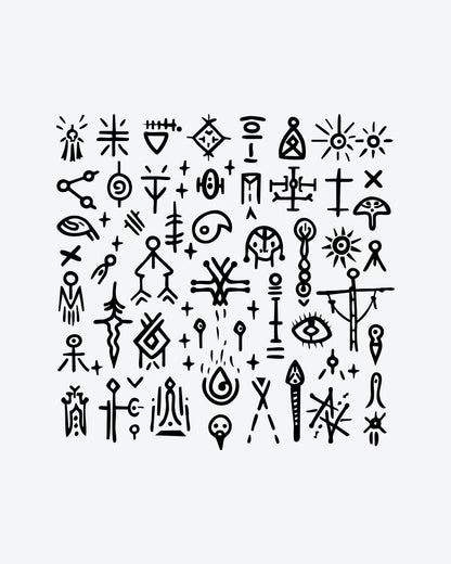 Mystic Glyphs 2 semi-permanent tattoo design by INKY – Sun, Star, Crosses, Eye, Geometric illustration, 3 x 3 in (7x7 cm), available at inkytatt.com