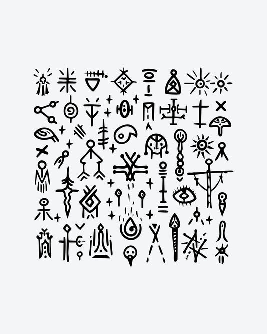 Mystic Glyphs 2 semi-permanent tattoo design by INKY – Sun, Star, Crosses, Eye, Geometric illustration, 3 x 3 in (7x7 cm), available at inkytatt.com