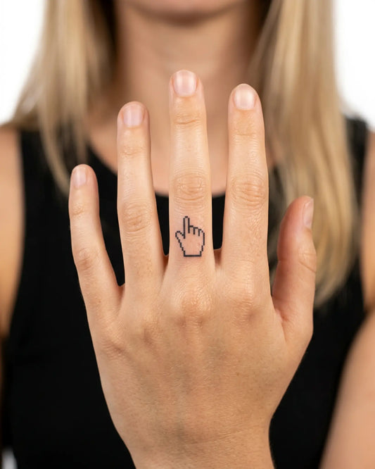 INKY Pixel Hand semi-permanent tattoo applied on a woman – 0.5 x 0.5 in (1x1 cm) design, realistic ink look, lasts 10 days