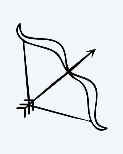 Archer semi-permanent tattoo design by INKY – Fine Line, Arrow, Bow, Sagittarius illustration, 0.5 x 0.5 in (1x1 cm), available at inkytatt.com