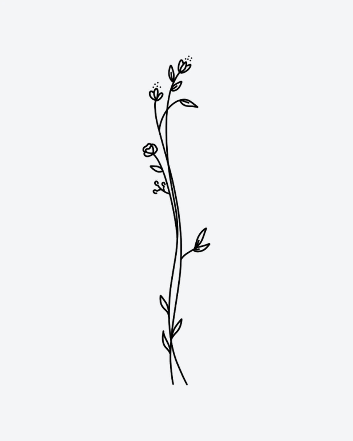 Blooms semi-permanent tattoo design by INKY – Fine Line, Flower, Leaves, Dotwork, Stem illustration, 4 x 7 in (10x17 cm), available at inkytatt.com