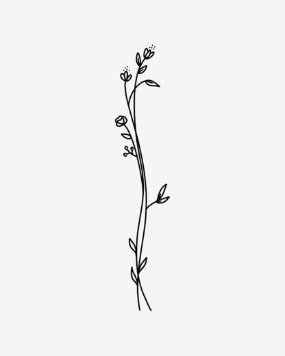 Blooms semi-permanent tattoo design by INKY – Fine Line, Flower, Leaves, Dotwork, Stem illustration, 4 x 7 in (10x17 cm), available at inkytatt.com