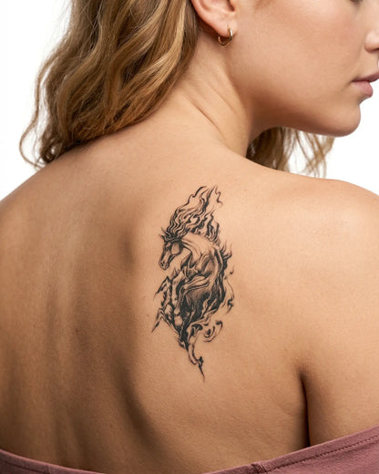 INKY Fire Horse semi-permanent tattoo applied on a woman – 2 x 4 in (6x10 cm) design, realistic ink look, lasts 10 days