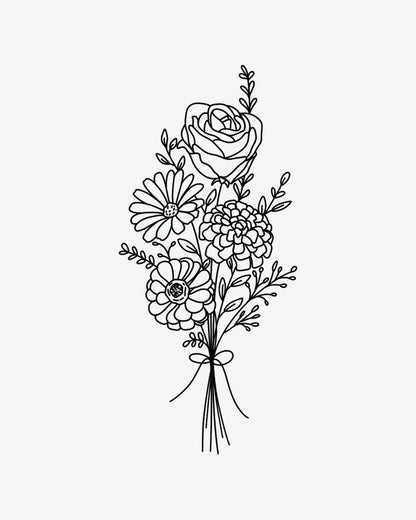Floral Bouque semi-permanent tattoo design by INKY – Fine Line, Flower, Rose, Leaves, Daisy illustration, 4 x 7 in (10x17 cm), available at inkytatt.com