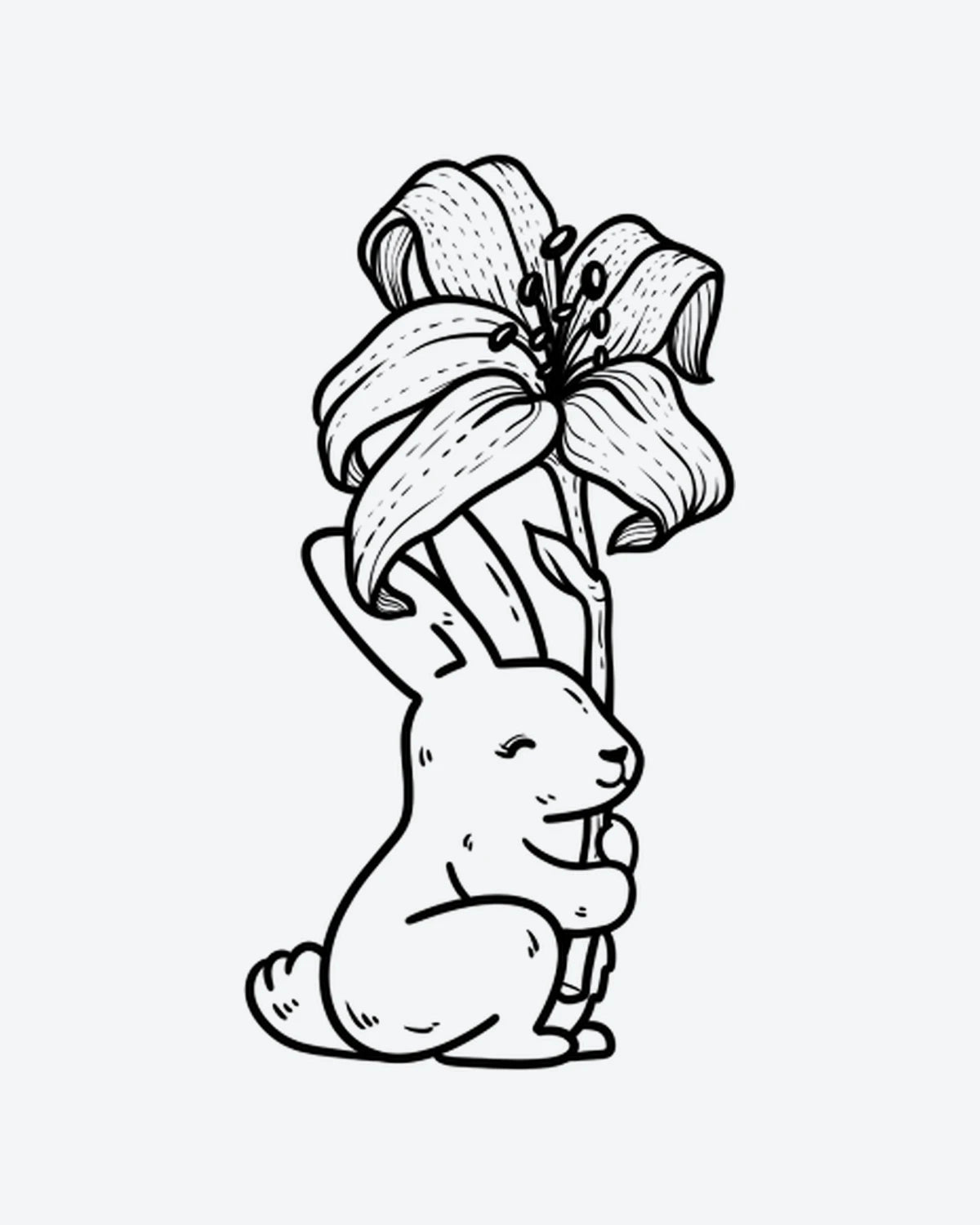 Bunny Lily 2 semi-permanent tattoo design by INKY – Fine Line, Flower, Rabbit, Petal illustration, 2 x 2 in (4x4 cm), available at inkytatt.com