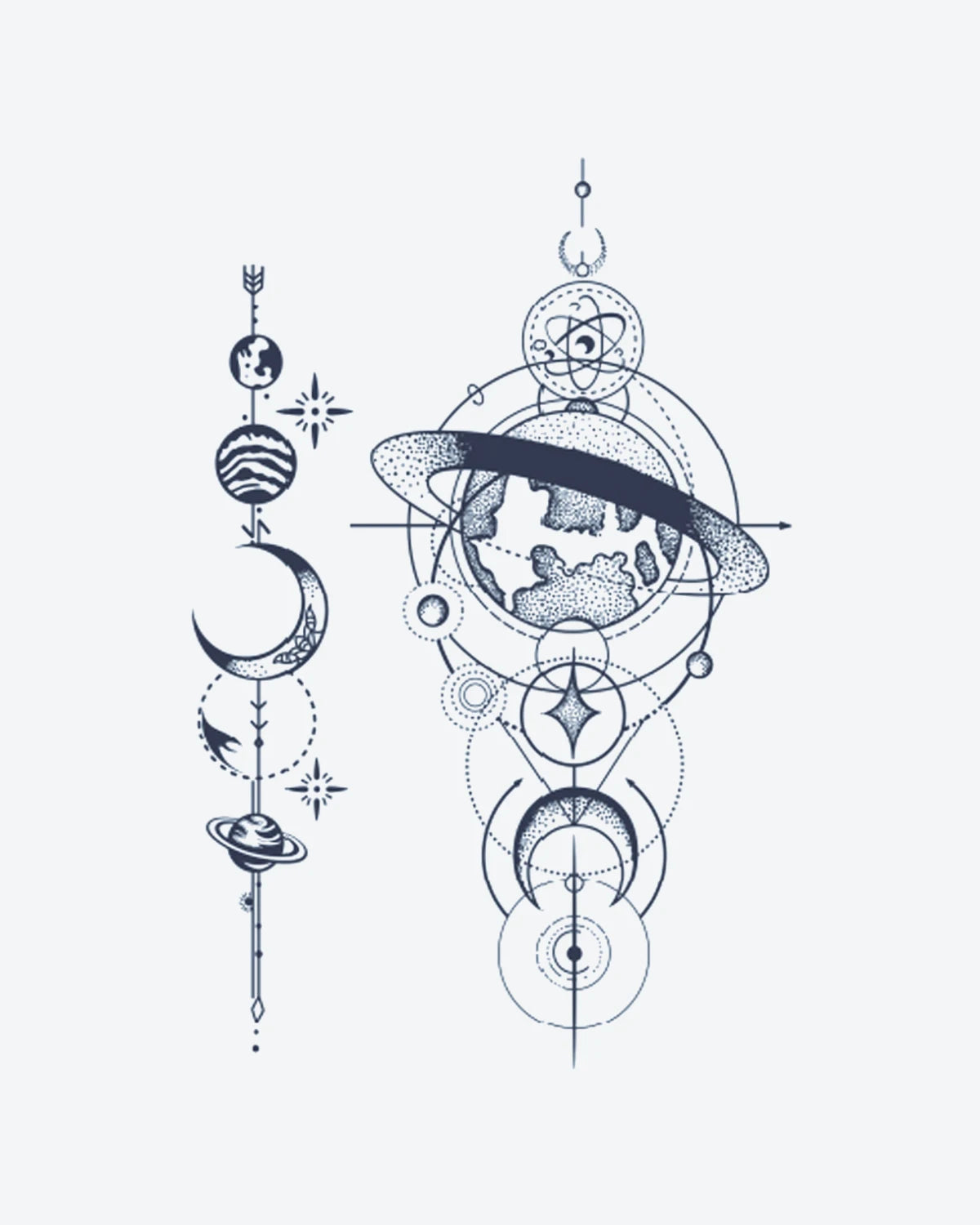 Astro Deco semi-permanent tattoo design by INKY – Crescent Moon, Fine Line, Moon, Star, Planet illustration, 3 x 4 in (7x10 cm), available at inkytatt.com