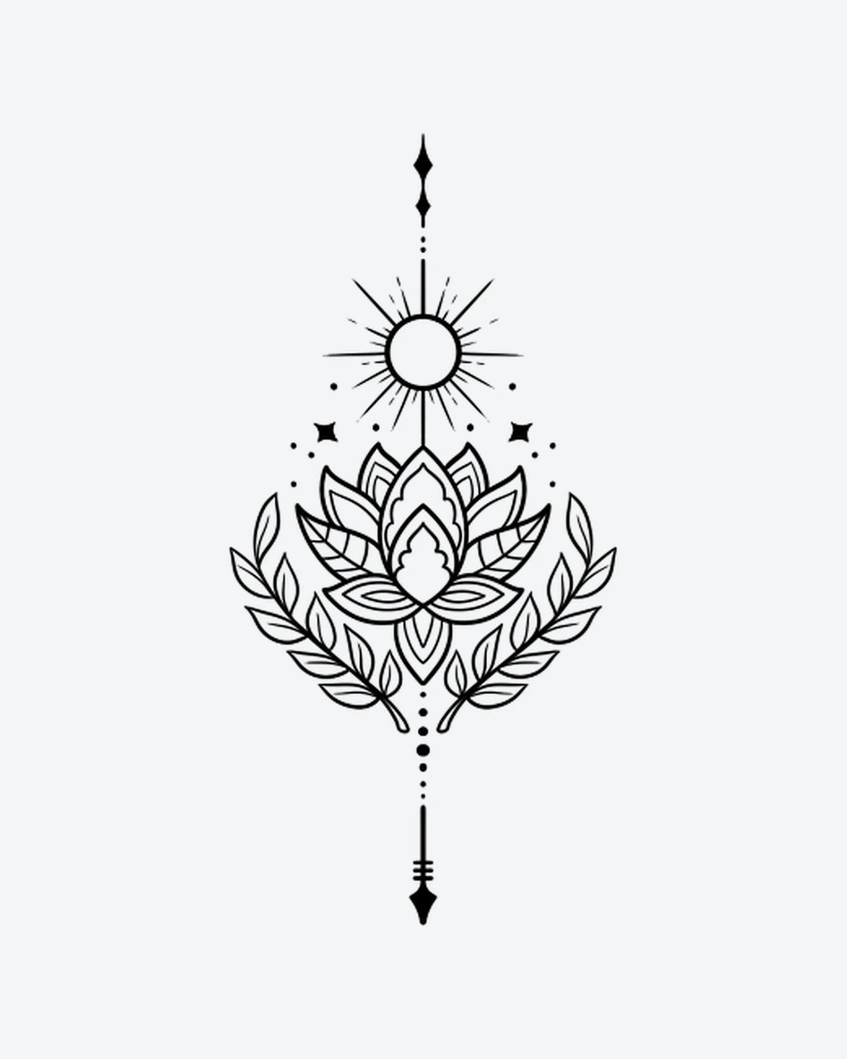 Sun Lotus semi-permanent tattoo design by INKY – Lotus Flower, Fine Line, Sun, Leaves, Arrow illustration, 4 x 7 in (10x17 cm), available at inkytatt.com
