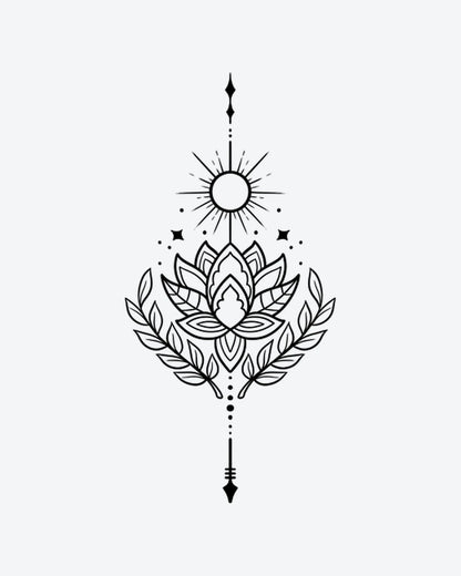 Sun Lotus semi-permanent tattoo design by INKY – Lotus Flower, Fine Line, Sun, Leaves, Arrow illustration, 4 x 7 in (10x17 cm), available at inkytatt.com
