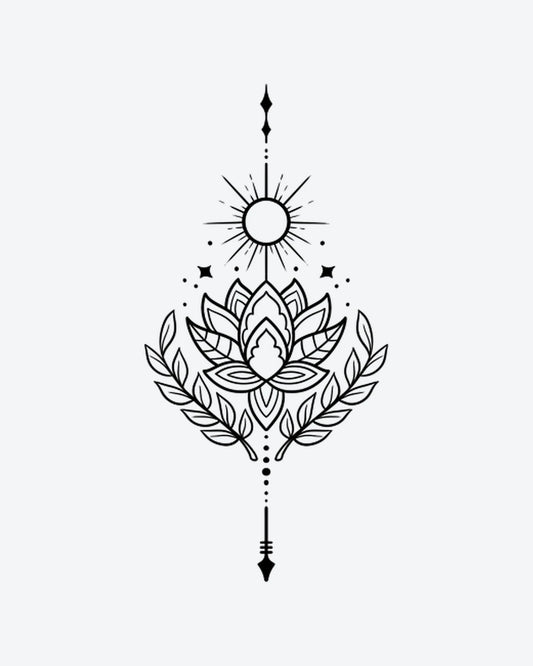 Sun Lotus semi-permanent tattoo design by INKY – Lotus Flower, Fine Line, Sun, Leaves, Arrow illustration, 4 x 7 in (10x17 cm), available at inkytatt.com