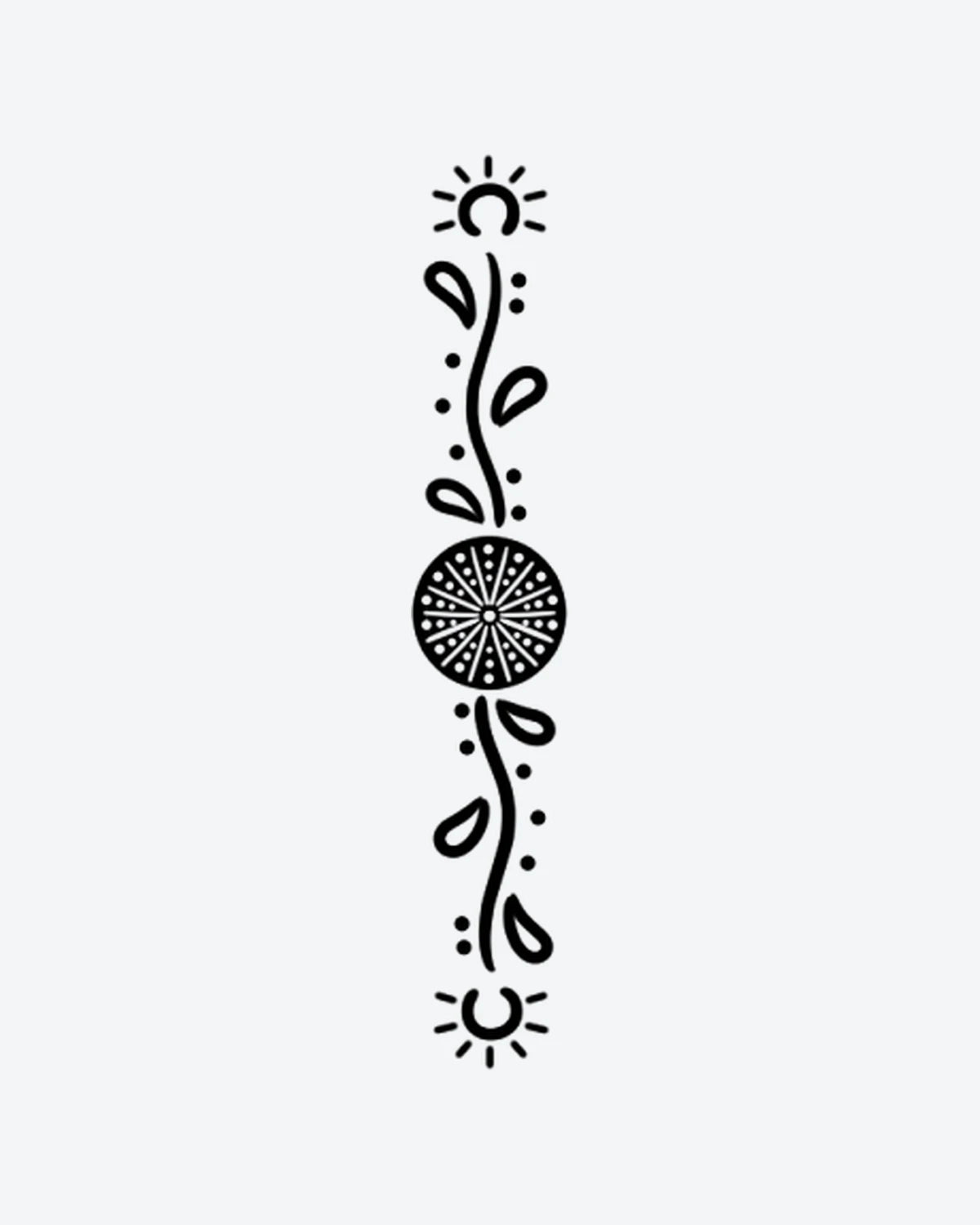Sun Vine semi-permanent tattoo design by INKY – Sun, Leaves, Vine, Mandala, Circle illustration, 2 x 4 in (6x10 cm), available at inkytatt.com