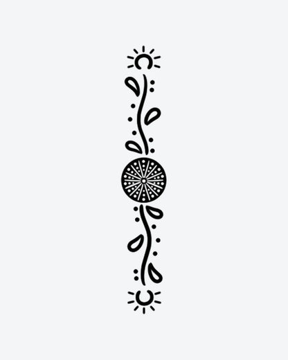 Sun Vine semi-permanent tattoo design by INKY – Sun, Leaves, Vine, Mandala, Circle illustration, 2 x 4 in (6x10 cm), available at inkytatt.com