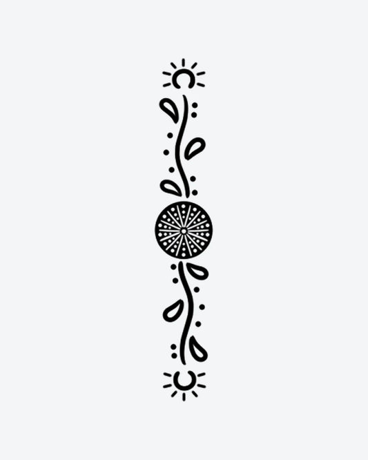 Sun Vine semi-permanent tattoo design by INKY – Sun, Leaves, Vine, Mandala, Circle illustration, 2 x 4 in (6x10 cm), available at inkytatt.com