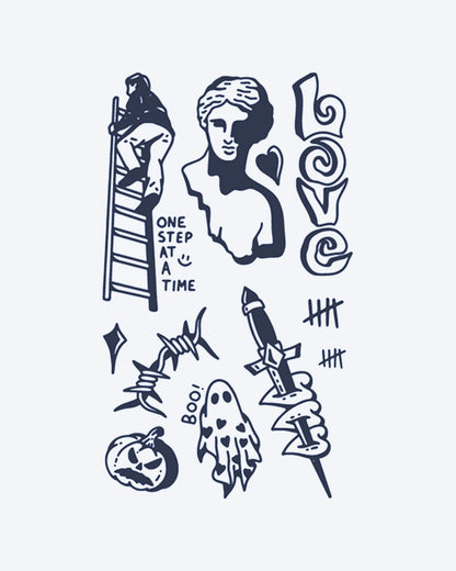 Urban Doodles semi-permanent tattoo design by INKY – Heart, Diamond, Dagger, Lantern, Ladder illustration, 4 x 7 in (10x17 cm), available at inkytatt.com