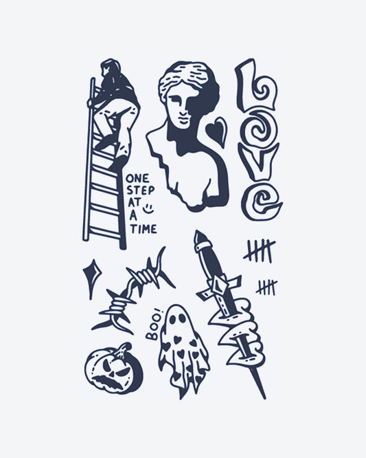 Urban Doodles semi-permanent tattoo design by INKY – Heart, Diamond, Dagger, Lantern, Ladder illustration, 4 x 7 in (10x17 cm), available at inkytatt.com