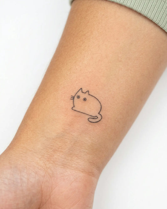 INKY Chubby Cat semi-permanent tattoo applied on a woman – 0.5 x 0.5 in (1x1 cm) design, realistic ink look, lasts 10 days